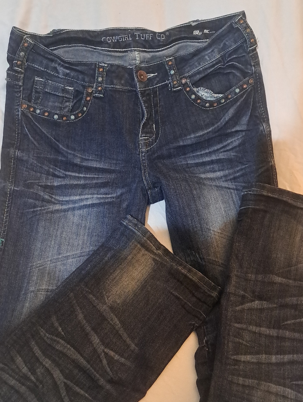 Cowgirl Tuff Dark Blue Wash Boot Cut Jeans with Stud Accents